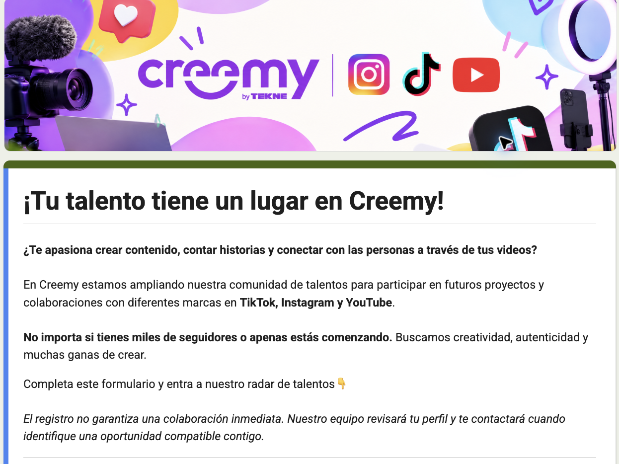 Creemy by TEKNE, Instagram, TikTok y YouTube, con equipo para crear contenido